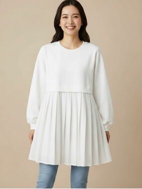White Pleated Long-Sleeve Tunic